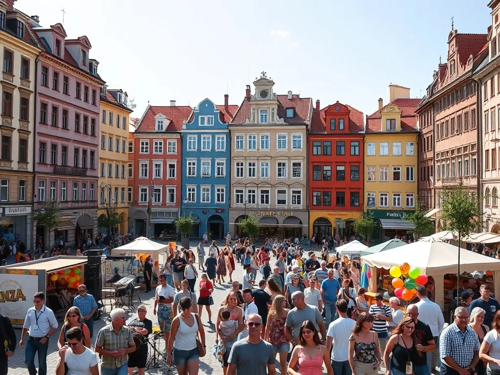 Letni festiwal na poznańskim rynku z kolorowymi kamienicami, sceną, muzykami i spacerującym tłumem mieszkańców