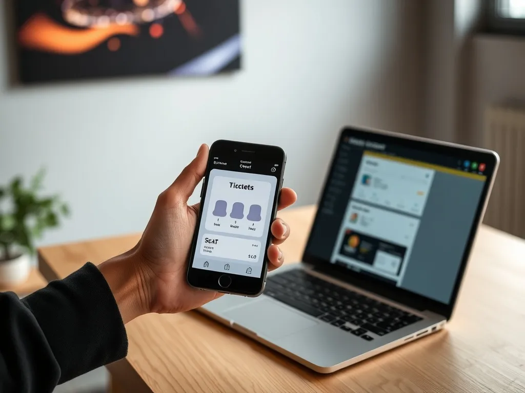 Smartfon z biletem koncertowym obok laptopa z rezerwacją miejsc, symbolizujące tańszy zakup w przedsprzedaży online.