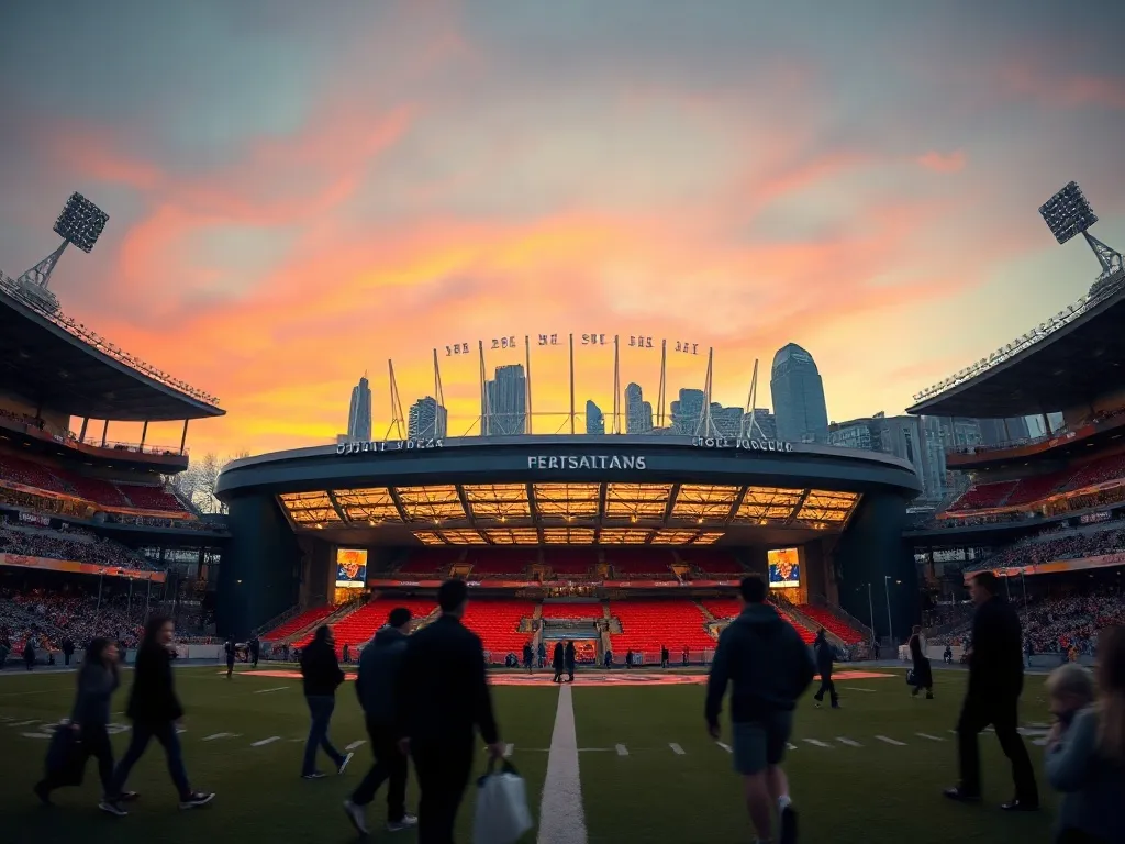 Wieczorny PGE Narodowy z tłumem zmierzającym na wydarzenie, stadion rozświetlony na tle kolorowego nieba