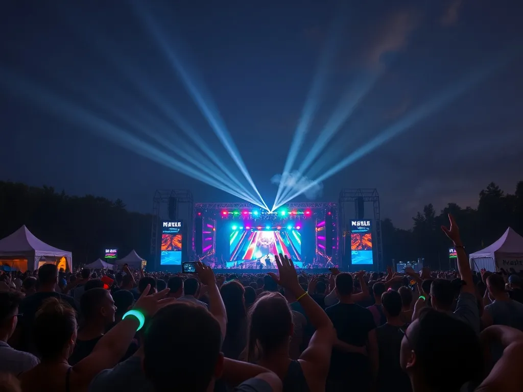 Tłum roztańczonych ludzi pod kolorowo oświetloną sceną festiwalu muzycznego na świeżym powietrzu w letni wieczór