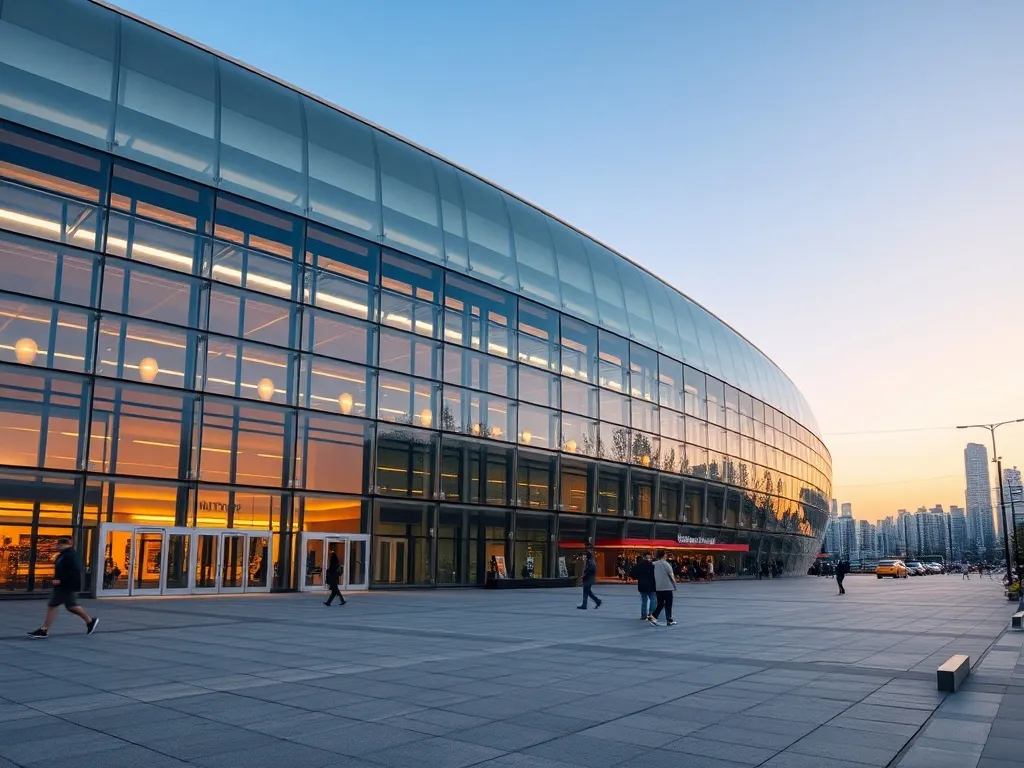 TAURON Arena Kraków o zmierzchu z podświetlonymi wejściami, szklaną fasadą i spacerującymi ludźmi na placu przed budynkiem