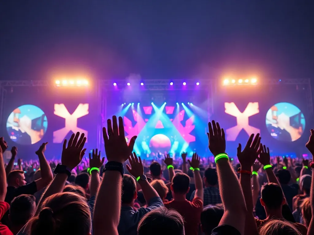 Tłum fanów na nocnym koncercie pop w Polsce, podświetlona scena festiwalowa i kolorowe światła tworzą energetyczny klimat.