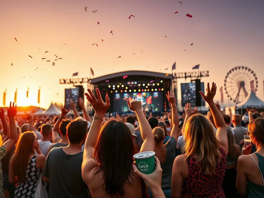Tłum ludzi z rękami w górze bawi się przy głównej scenie festiwalu muzycznego o zachodzie słońca, w kolorowej letniej scenerii.