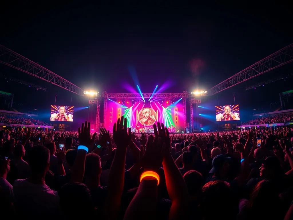 Tłum fanów na nocnym koncercie w stadionie, uniesione ręce i świecące opaski w kolorowych światłach sceny.