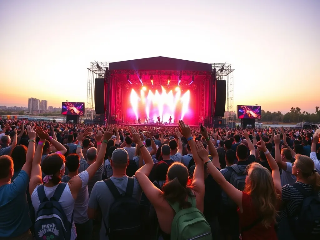 Tłum koncertowy na dużym festiwalu plenerowym przy zachodzie słońca, wielka scena i energetyczna atmosfera muzyczna.