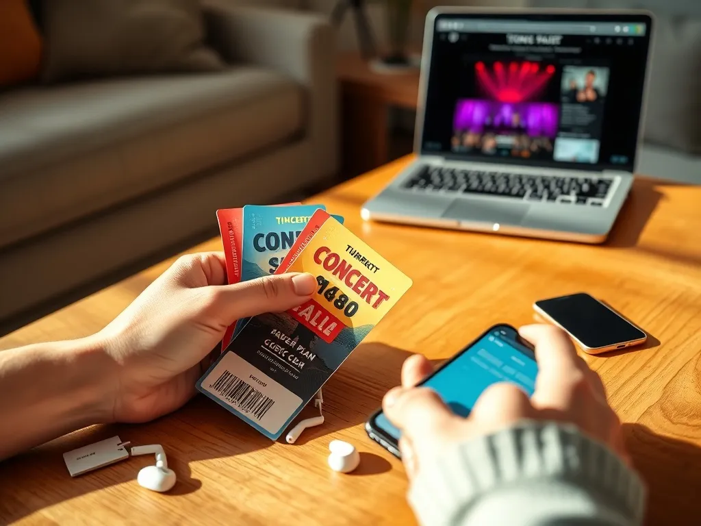 Ręce trzymają kolorowe bilety i smartfon z planem miejsc, obok karta i słuchawki – przygotowania do zakupu biletów na koncert.