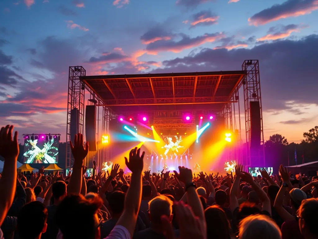 Tłum fanów na letnim festiwalu muzycznym przed główną sceną w kolorowych światłach, unoszą ręce w rytm koncertu