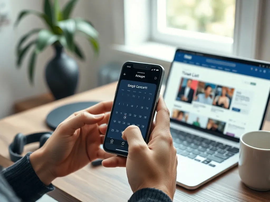Osoba sprawdza w smartfonie i na laptopie aktualne terminy koncertów, planując zakup biletów online.