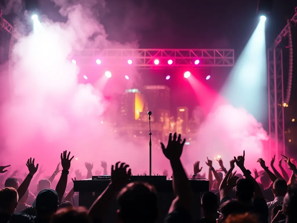 Tłum fanów z uniesionymi rękami na nocnym koncercie hip-hop, kolorowe światła sceny i energetyczna atmosfera miasta